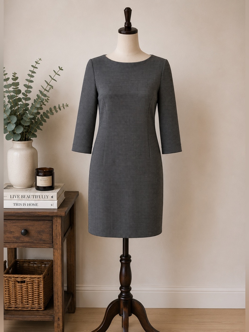 RW&CO Black Micro Print Stretch Sheath Dress 3/4 Sleeve Workwear Size Small
